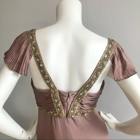 Marchesa Mauve Sequin Bugle Bead Silk Pleated Gown - Picture 3 of 7